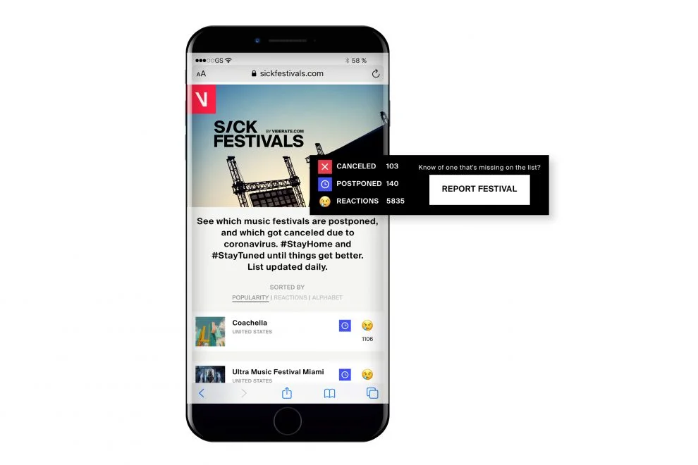 Sickfestivals.com glasbenim oboževalcem nudi podatke o odpovedanih in prestavljenih festivalih