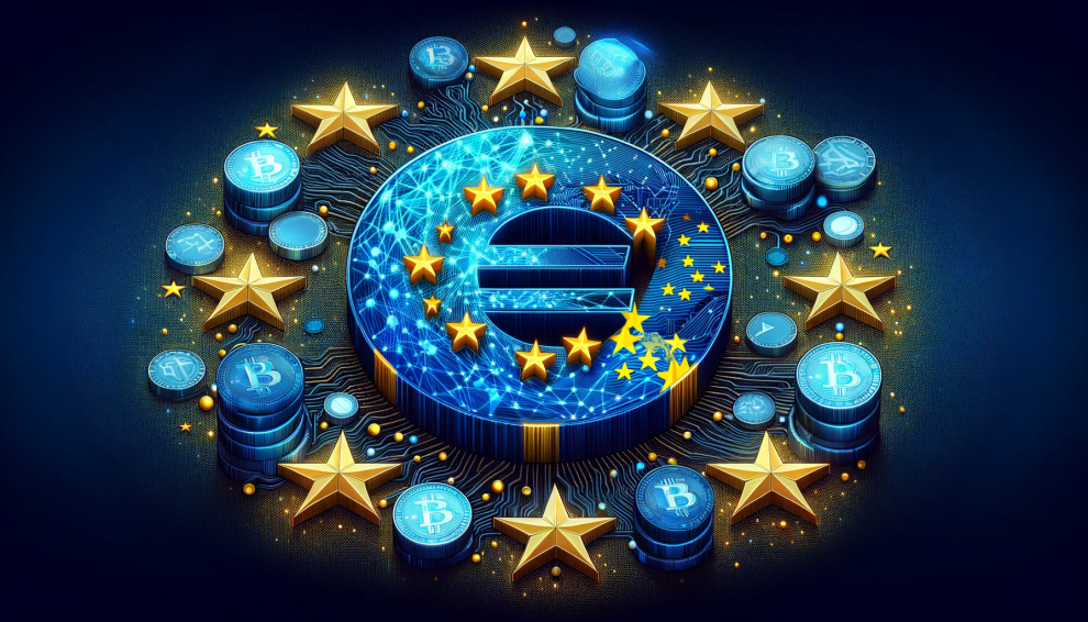 DALL·E 2023 11 30 13.50.31 A conceptual digital illustration representing the Markets in Crypto Assets MiCA Regulation in the European Union. The image should depict a harmoni